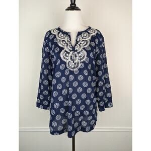 Talbots Top Embroidered Beaded Floral Boho Coastal Cotton Spring Summer Size M
